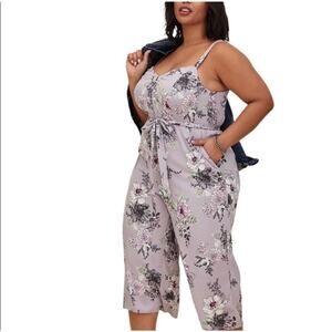 Torrid Women’s 00 Floral Challis Culotte Jumpsuit Lavender Tie Waist Crop Plus